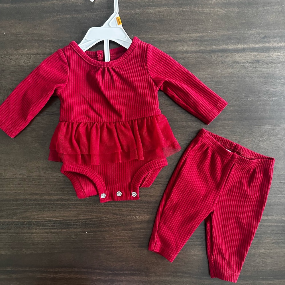 Carter's Red Ribbed Tulle Ruffle Bodysuit & Pants Set